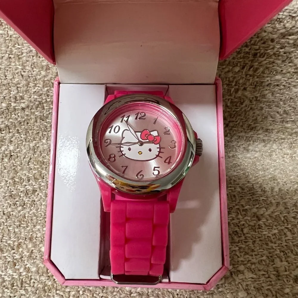 Hello Kitty Sanrio Watch Silver Bezel Pink Rubber Band